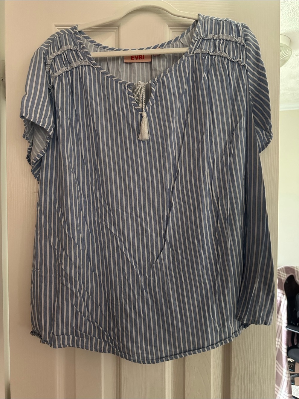 EVRI Blue & White Striped Tassel Peasant Blouse